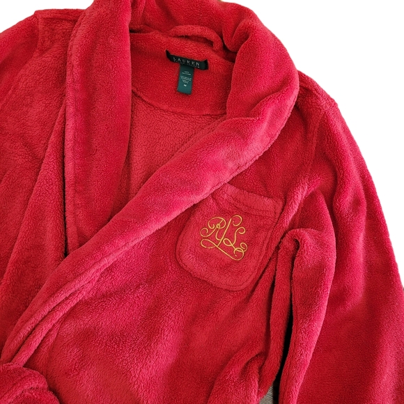 GUC Ralph Lauren Unisex Red Plush Pocket Monogram Lounge Robe - Medium - Picture 3 of 5